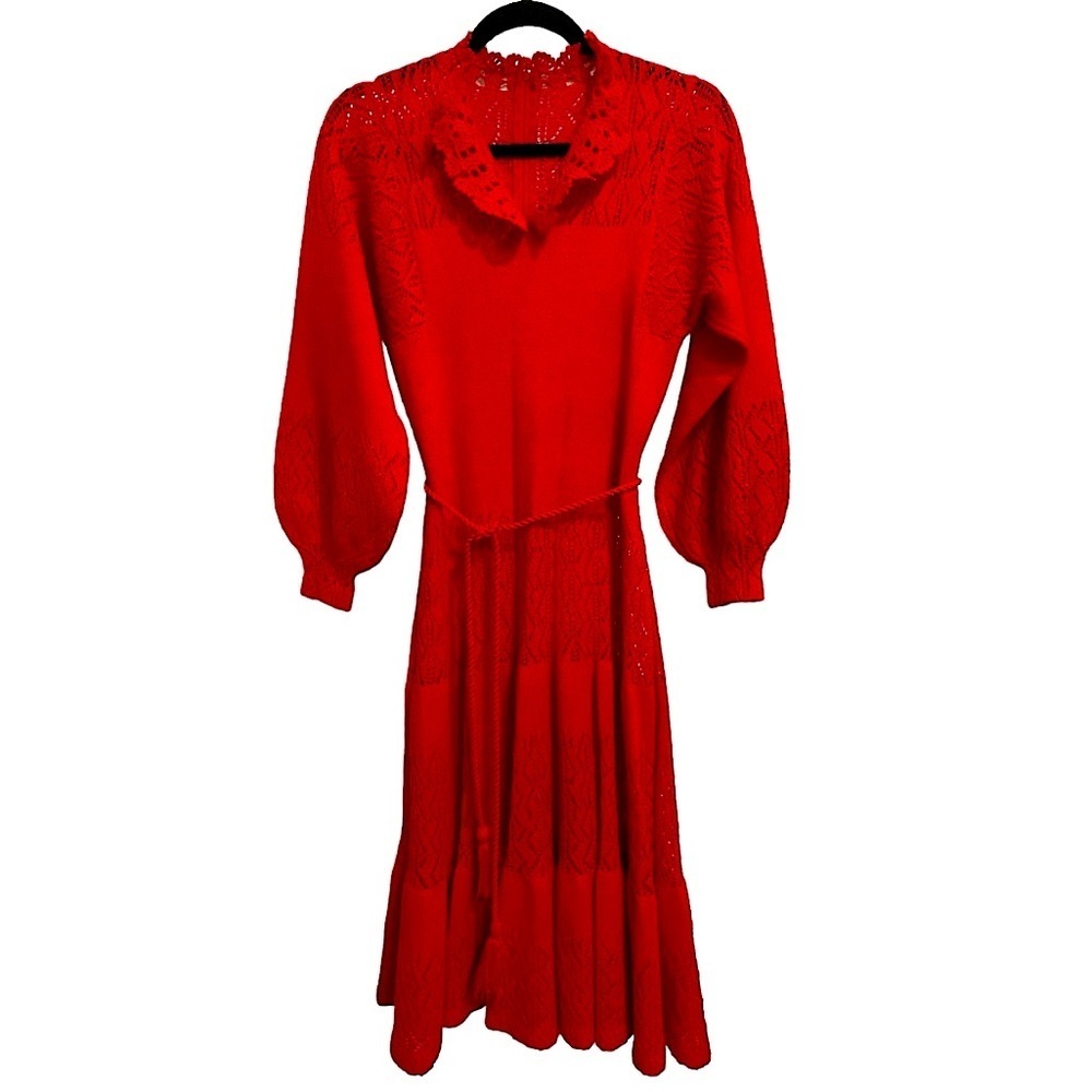 Miss JoAnn California Vintage Bright Coral Pointelle Knit Midi Dress LS   Sz 8